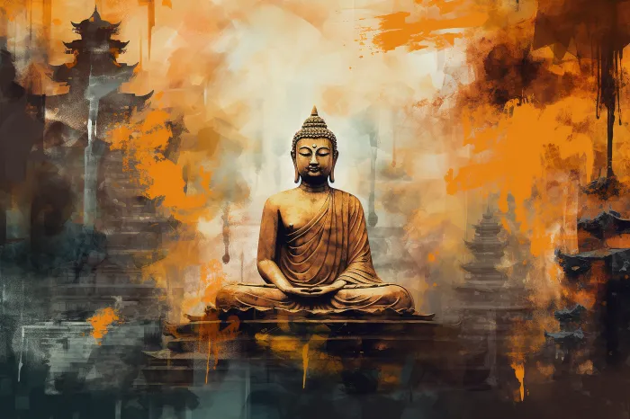 Abstract artwork of Lord Buddha in meditation with warm saffron paint splashes and temple silhouettes. | PrintPosters.in